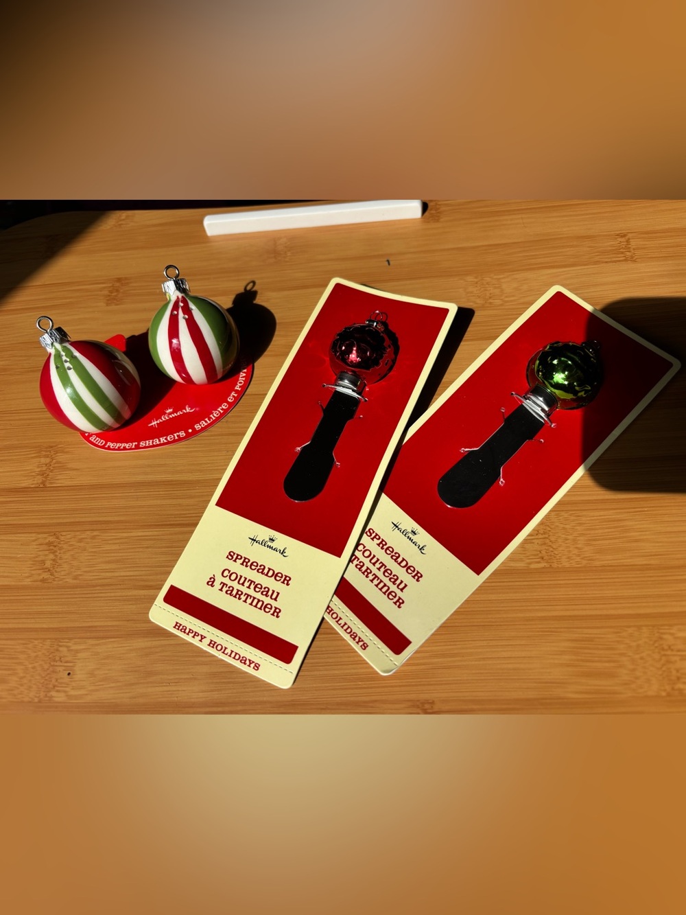 Hallmark salt and pepper shakers and Red& Green Spreader Set - Festive Handles